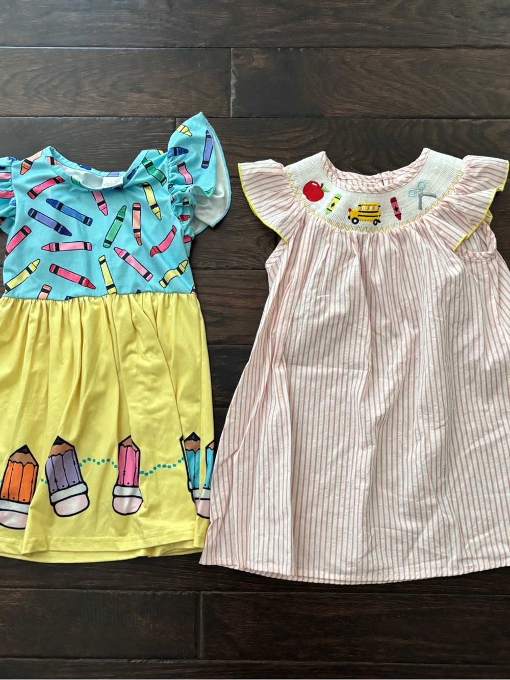 Girls Yellow & Blue Pencil Print Dress and Pink Stripe Dress - Kids Dresses